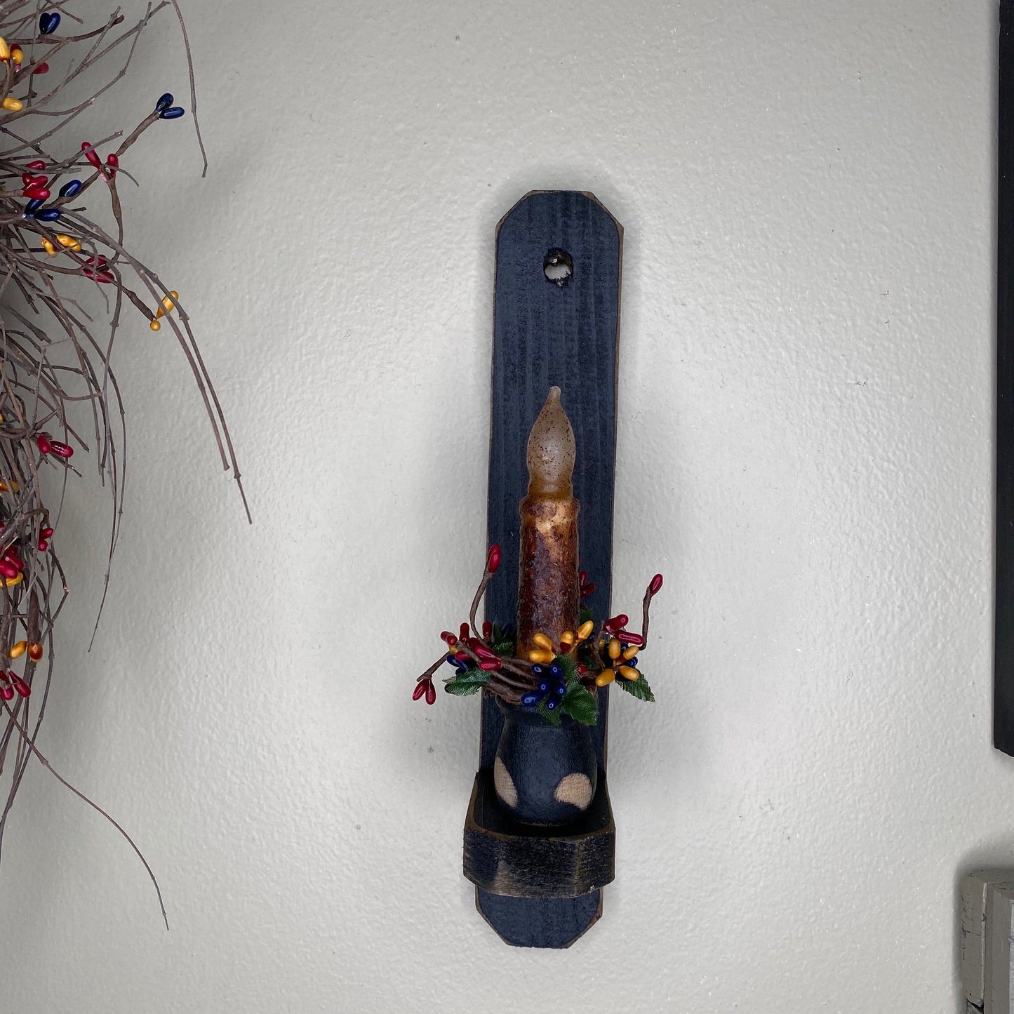 12" Black Wood Sconce - 4" Mustard Grungy Timer Taper Candle Colonial- Primitive Star Quilt Shop