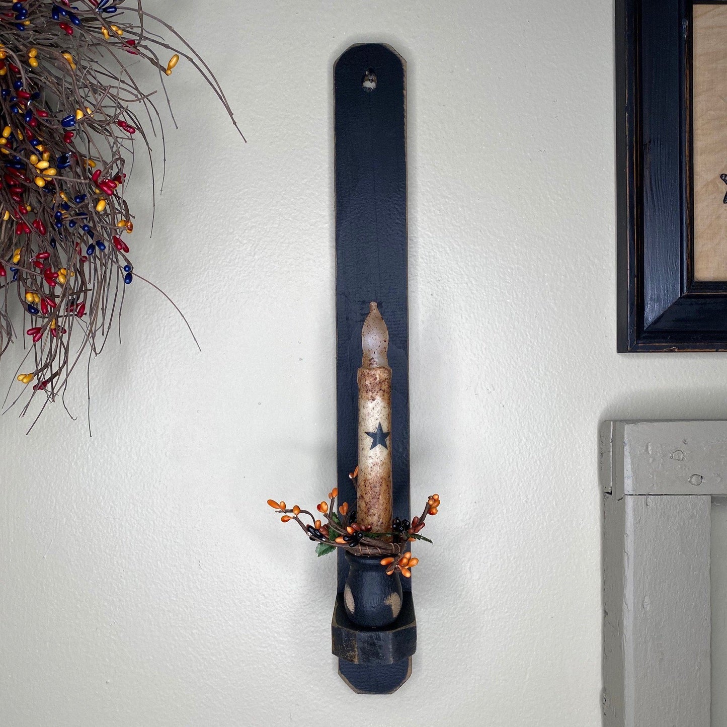 18" Black Wood Sconce - Grungy Ivory Timer Candle Ivory Star / Primitive Mix- Primitive Star Quilt Shop