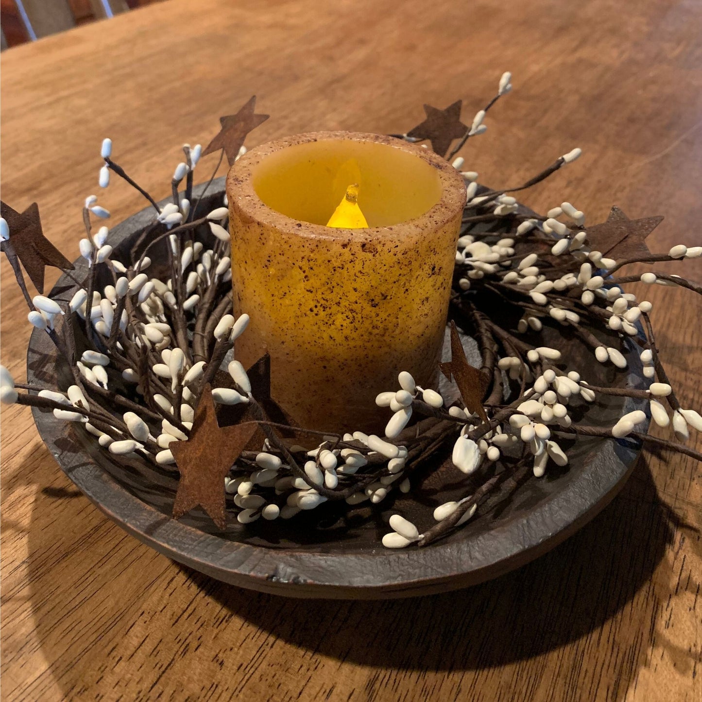 Round Treenware Bowl & Ivory Candle Centerpiece Ivory Pips- Primitive Star Quilt Shop