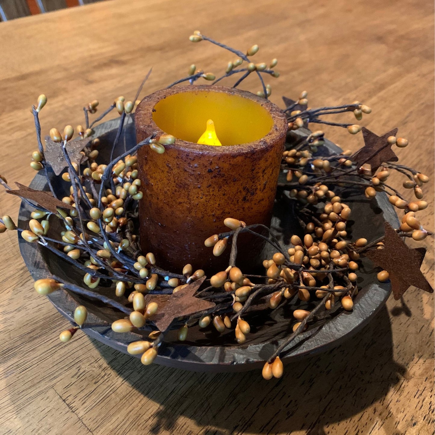 Round Treenware Bowl & Mustard Candle Centerpiece Gold Pips- Primitive Star Quilt Shop