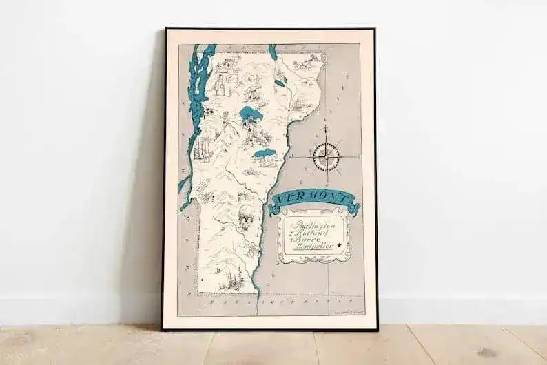 Vintage Vermont Map Print| Vermont Canvas Wall Art