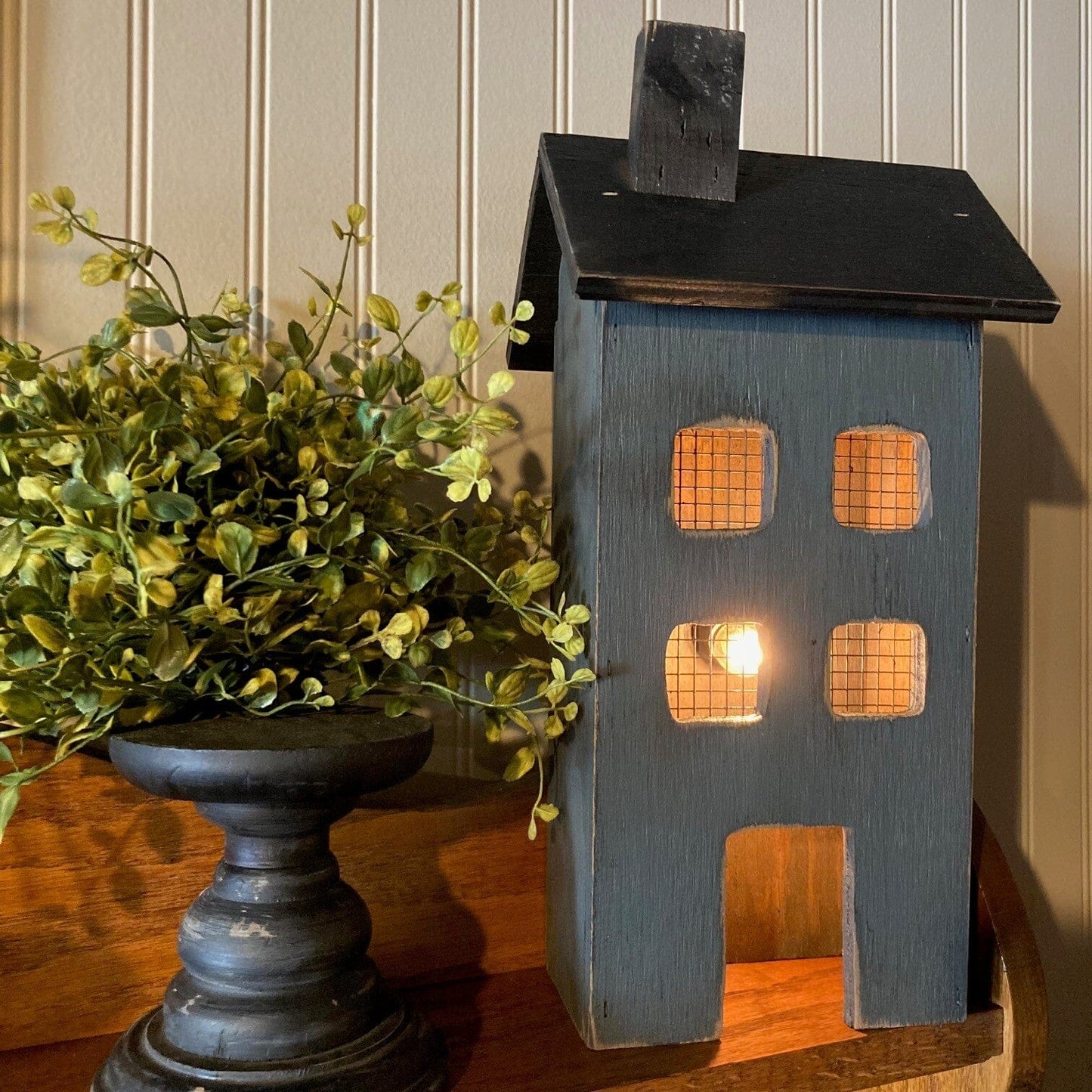 Wooden Saltbox Light Up House - Medium in Distressed Blue