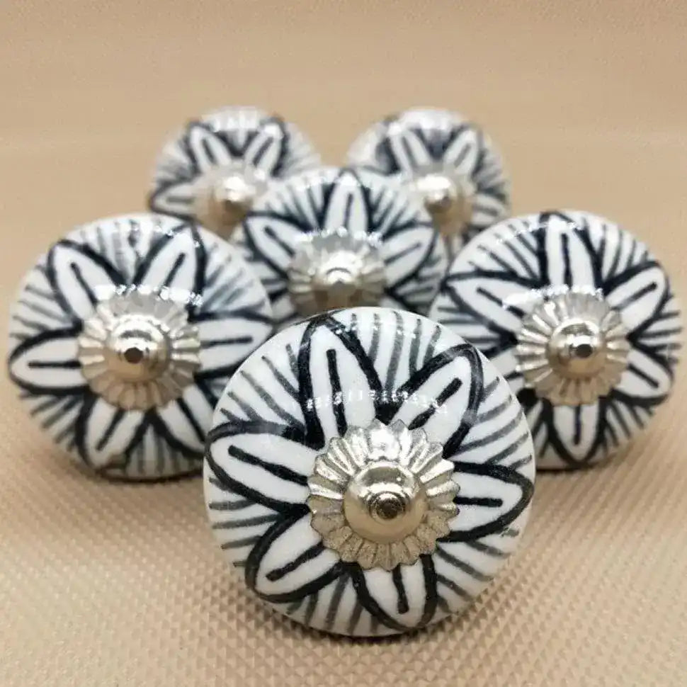Black Flower Stripe Ceramic Knobs - Set of 6