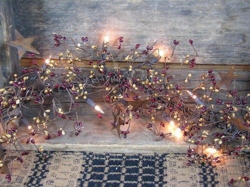 Lighted Burgundy and Gold Pip Berry and Star Garland 40"
