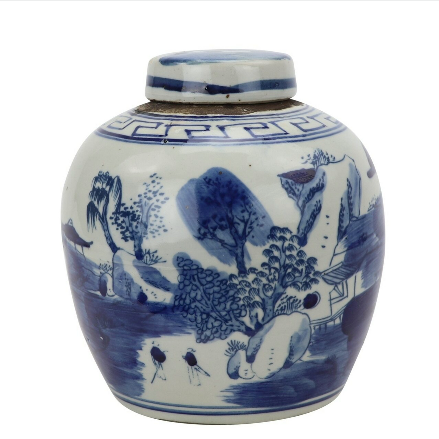 Vintage Blue And White Mini Jar With Mountain Tree Motif