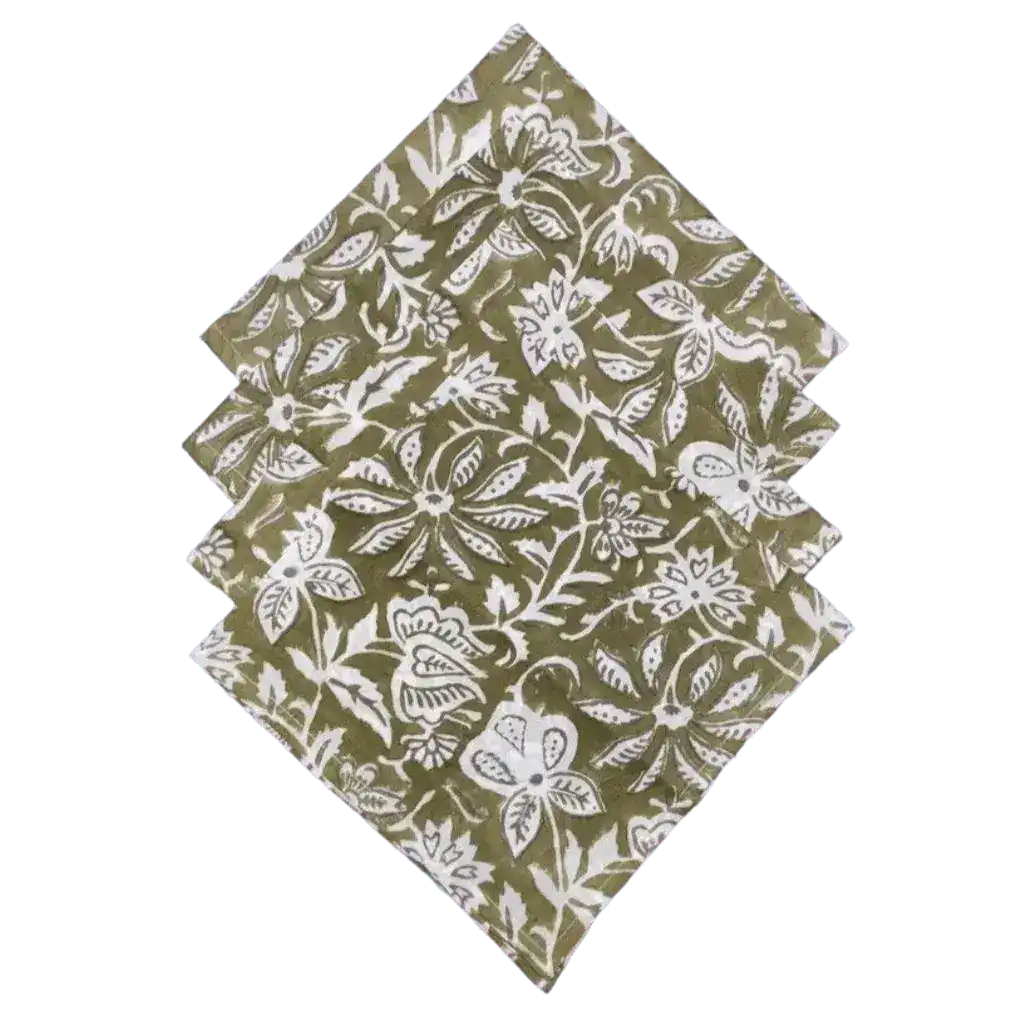 Emmy Green and White Block Printed Cotton Napkins