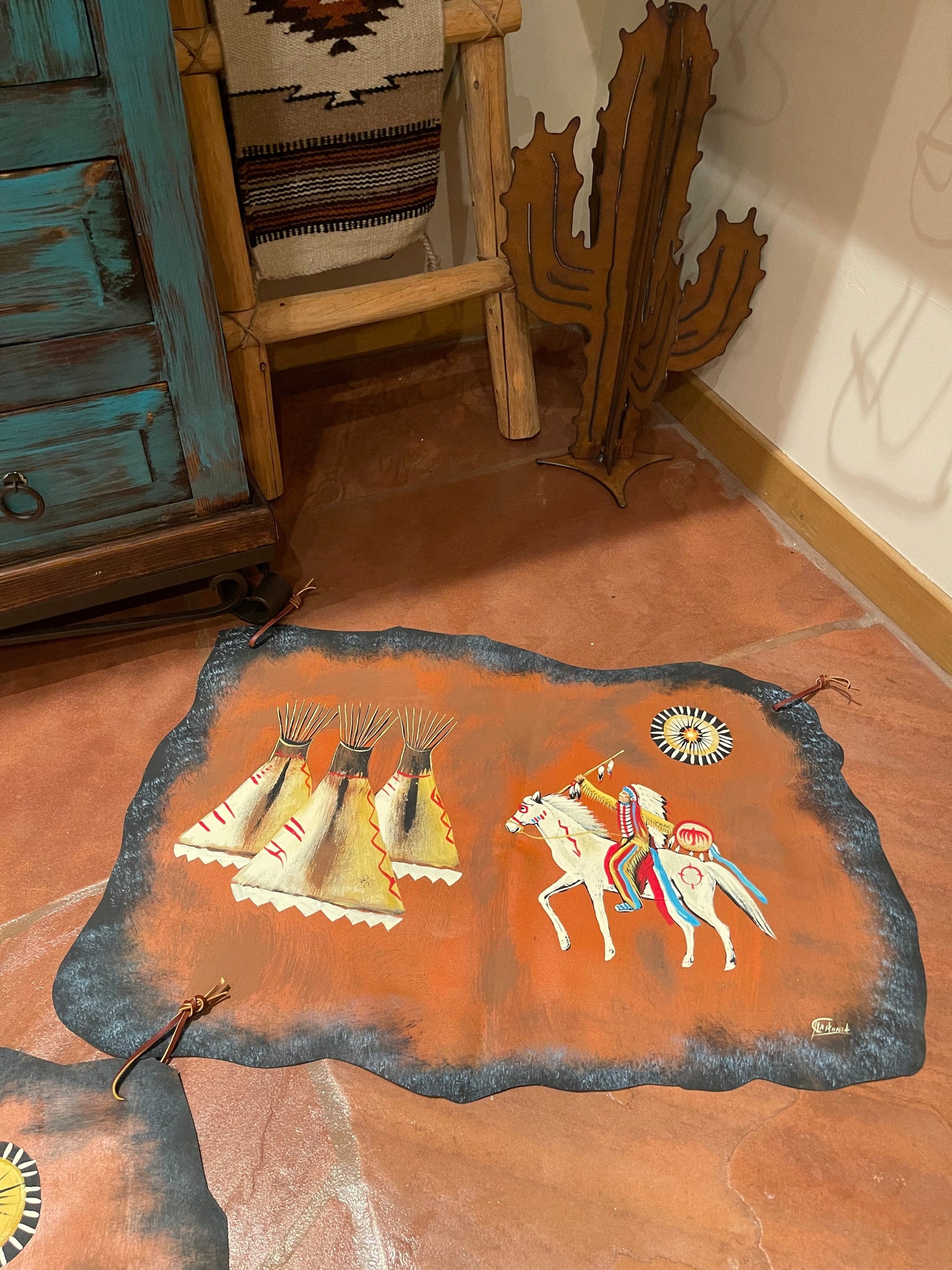 Hand painted apx 3’ Leather SOUTHWEST WALL DECOR