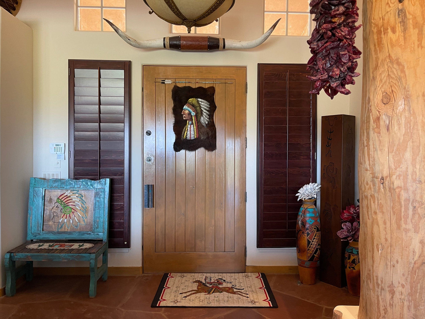 Leather Indian chief hand painted wall hanging