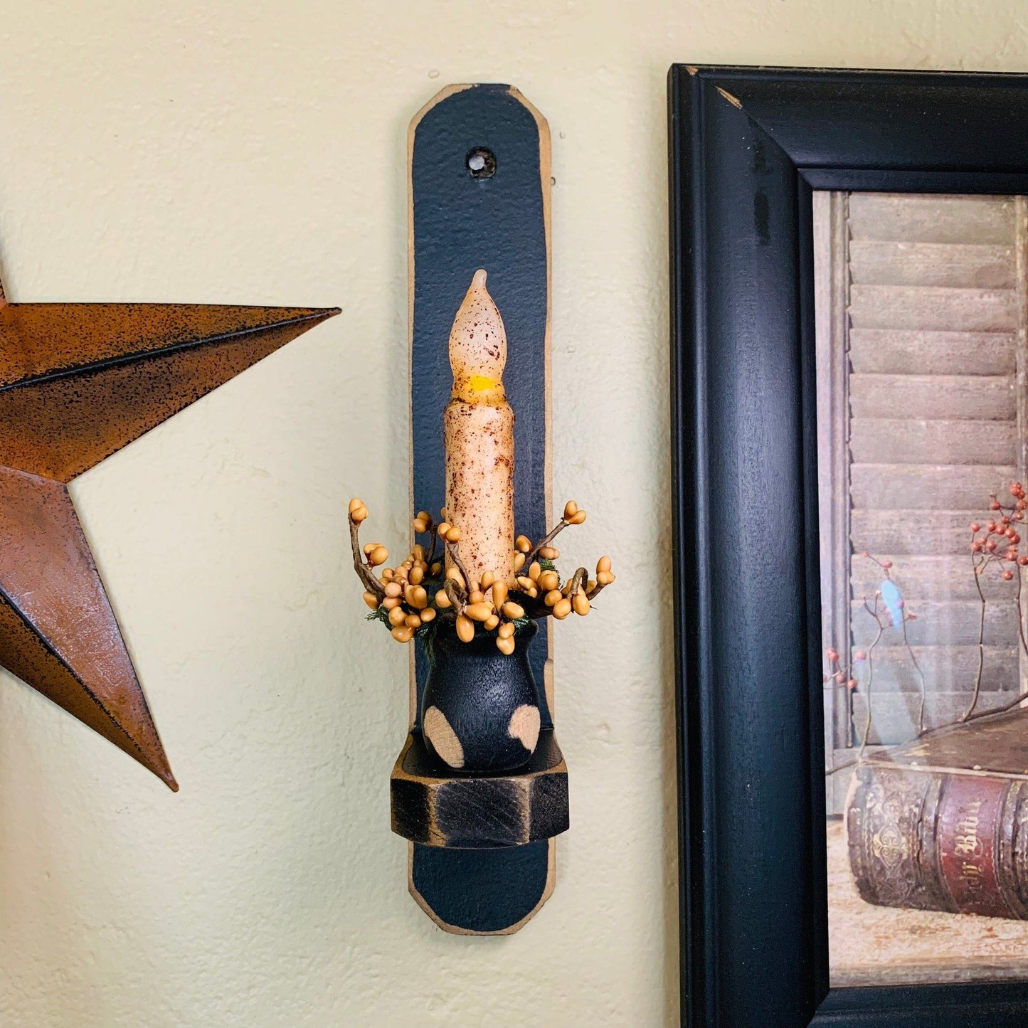 12" Black Wood Sconce - 4" Ivory Grungy Timer Taper Candle Gold Pip Ring- Primitive Star Quilt Shop