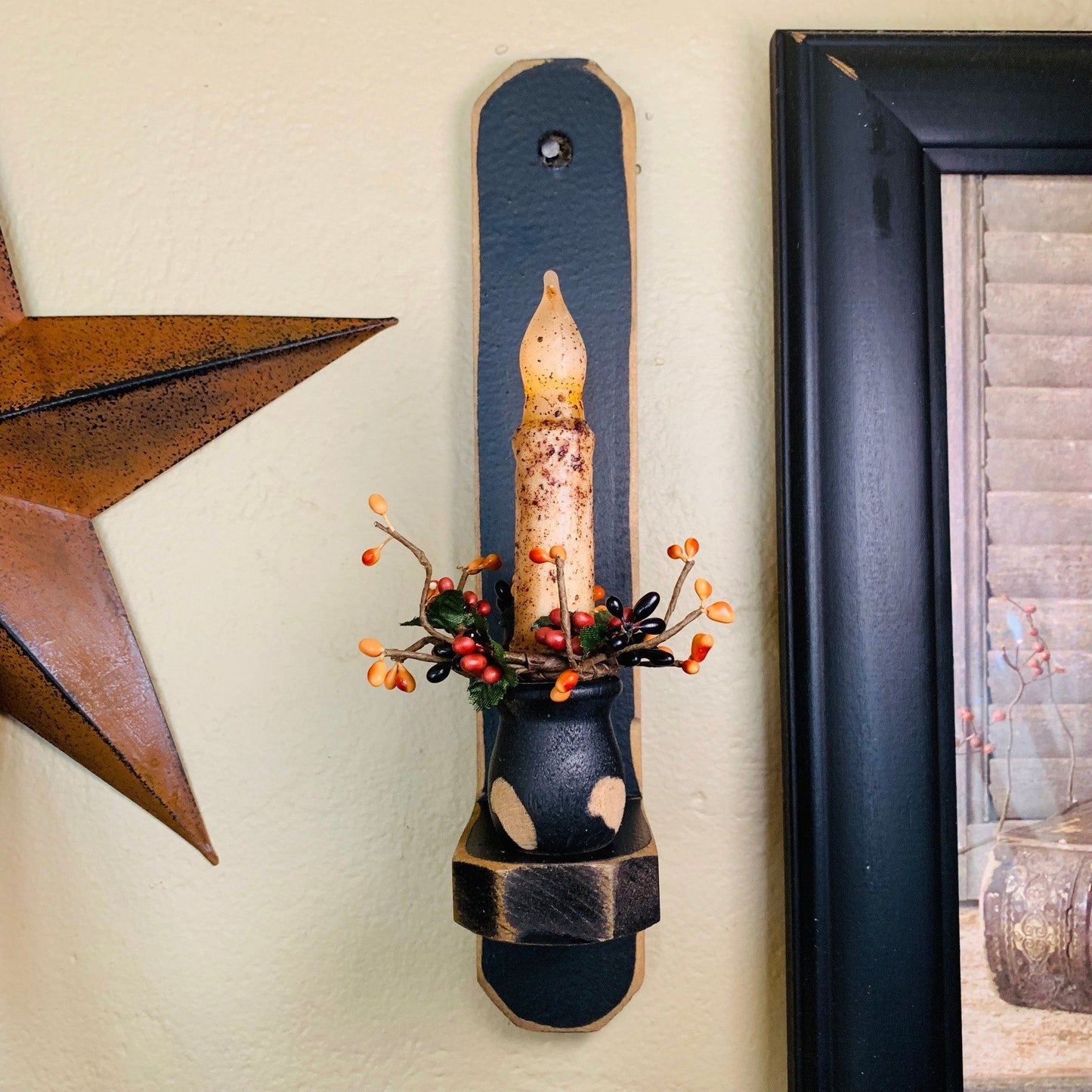 12" Black Wood Sconce - 4" Ivory Grungy Timer Taper Candle Primitive Mix Pip Ring- Primitive Star Quilt Shop