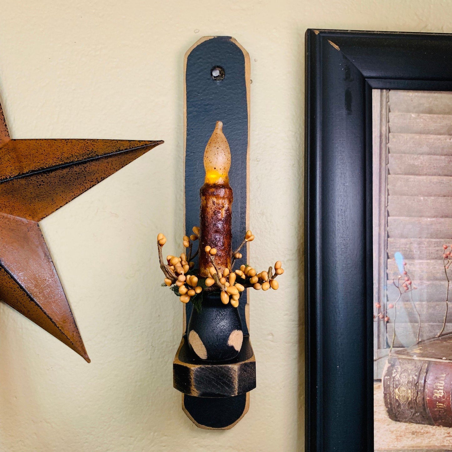 12" Black Wood Sconce - 4" Mustard Grungy Timer Taper Candle Gold- Primitive Star Quilt Shop