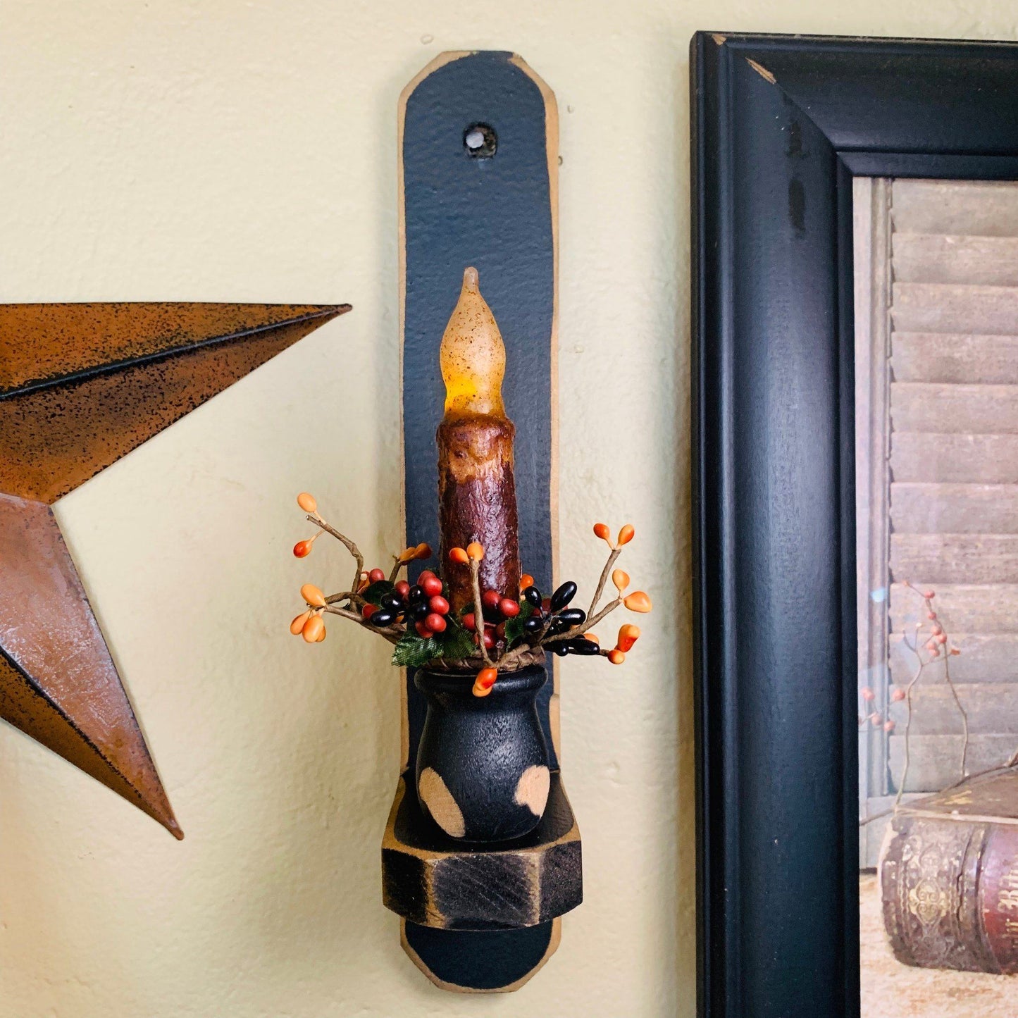 12" Black Wood Sconce - 4" Mustard Grungy Timer Taper Candle Primitive Mix- Primitive Star Quilt Shop