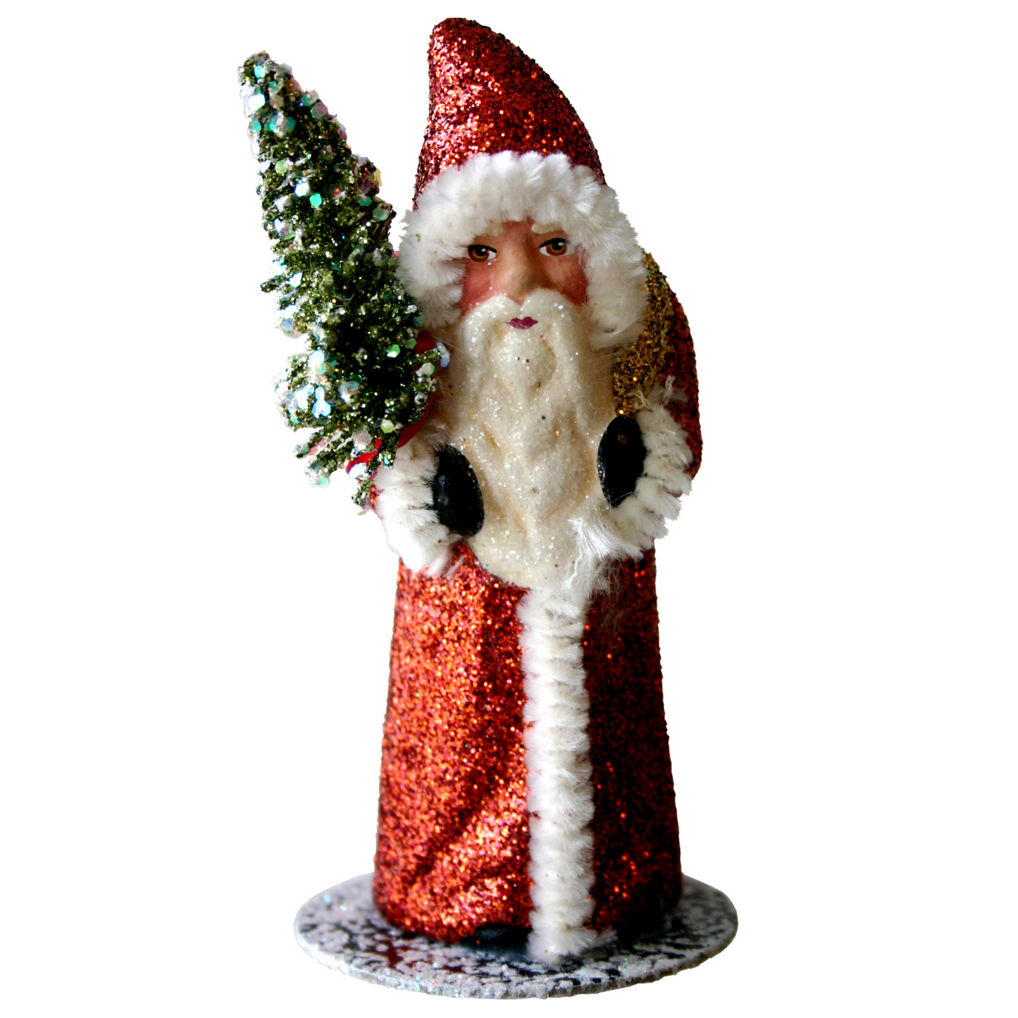 Ino Schaller Paper Mache Copper Sparkle Santa with Tree Candy Container Christmas Decoration