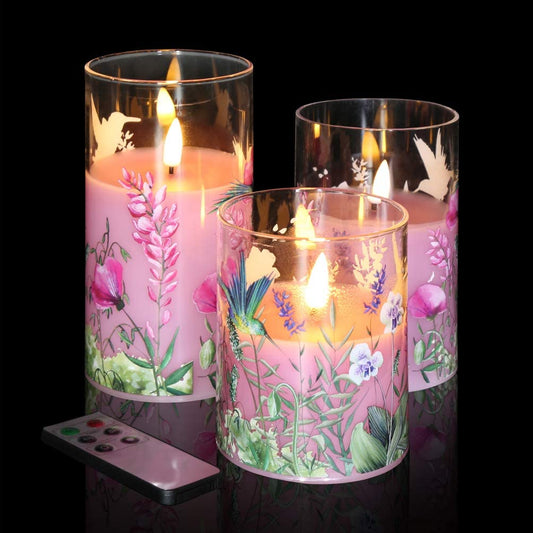 Eywamage Hummingbird Pink Floral Glass Flameless Candles with Remote, 3 Pack Flickering LED Battery Can