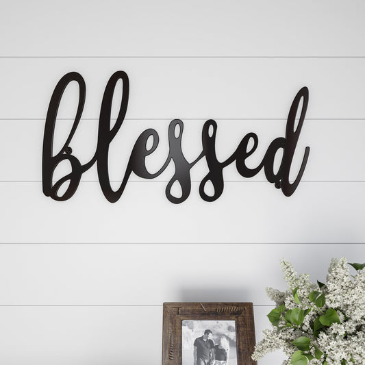 Metal Word Art Wall Decor "Blessed", Distressed Dark Brown Finish
