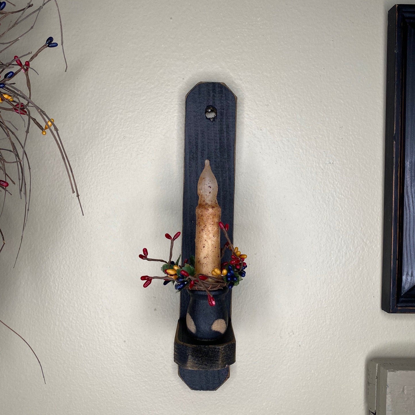 12" Black Wood Sconce - 4" Ivory Grungy Timer Taper Candle Colonial Pip Ring- Primitive Star Quilt Shop