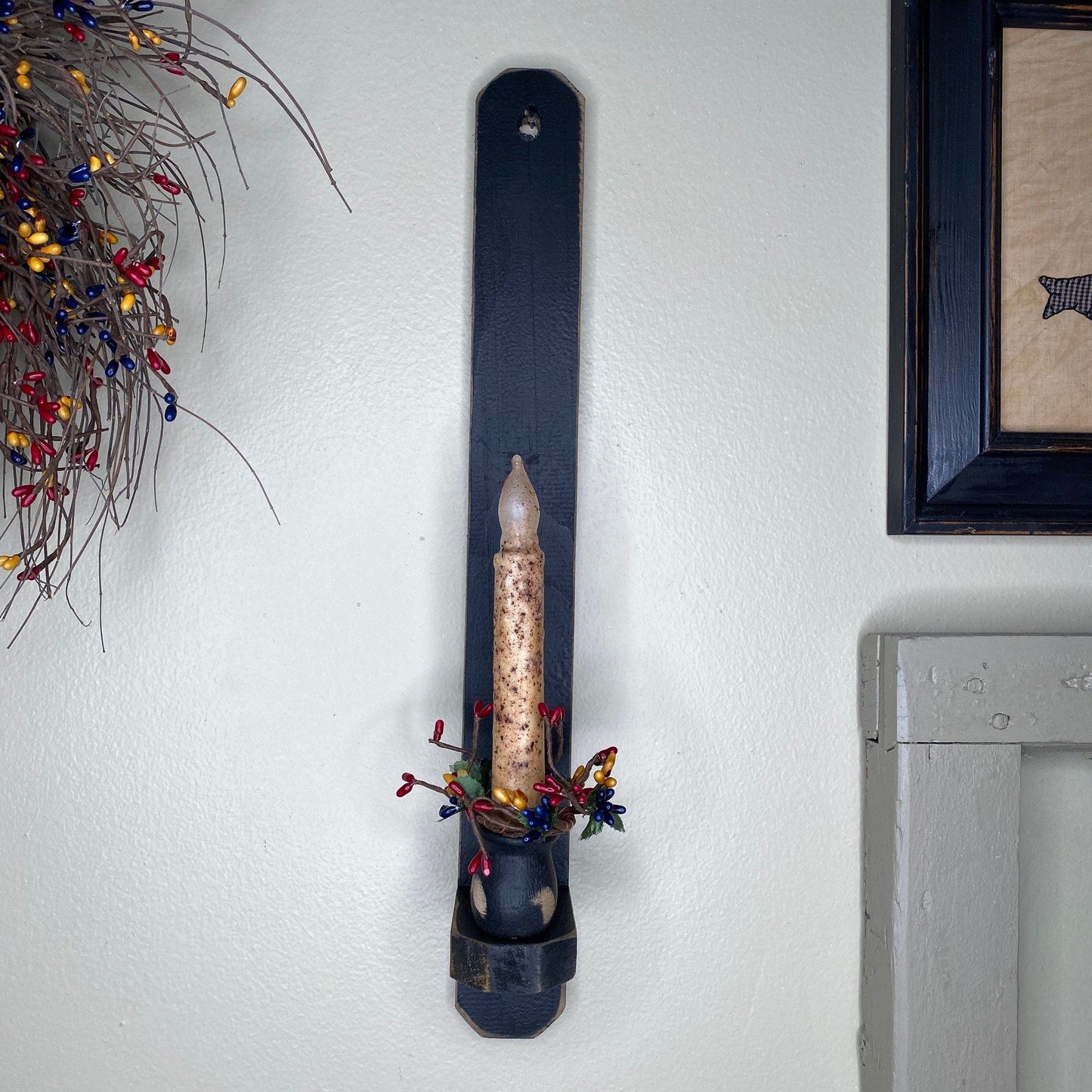 18" Black Wood Sconce - Grungy Ivory Timer Candle Ivory / Colonial- Primitive Star Quilt Shop