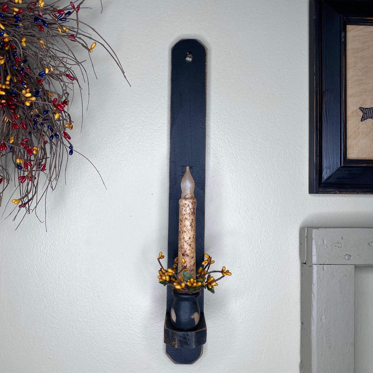 18" Black Wood Sconce - Grungy Ivory Timer Candle Ivory / Gold- Primitive Star Quilt Shop