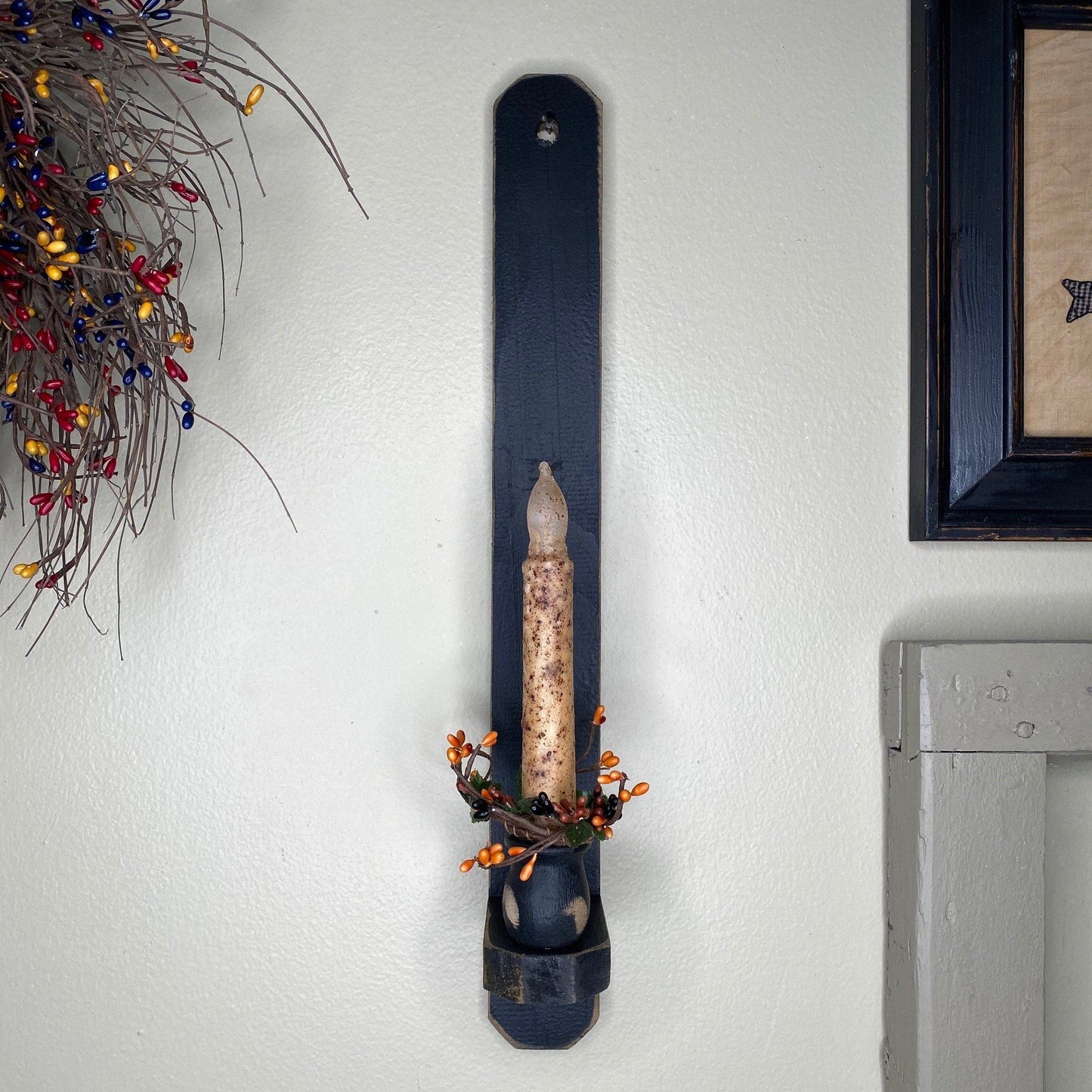 18" Black Wood Sconce - Grungy Ivory Timer Candle Ivory / Primitive Mix- Primitive Star Quilt Shop