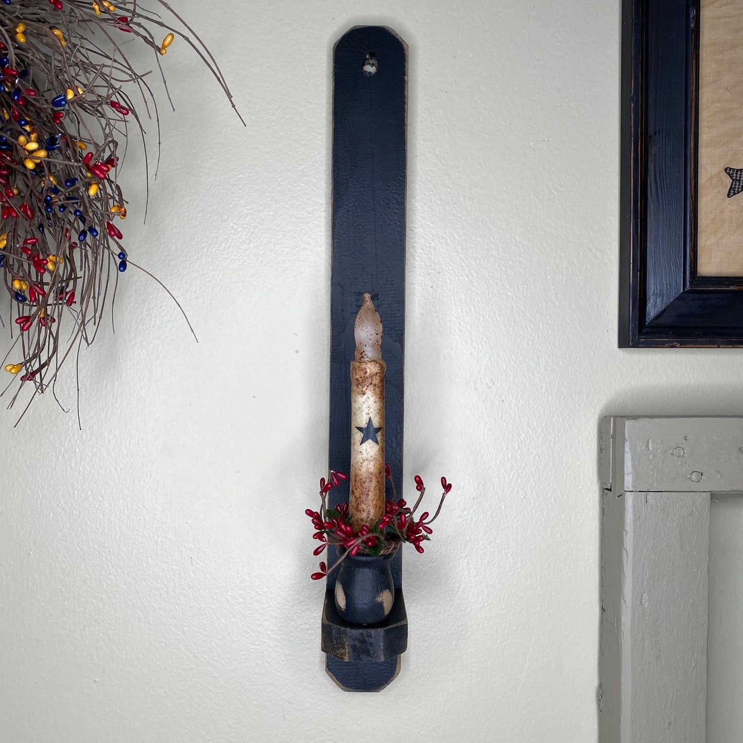 18" Black Wood Sconce - Grungy Ivory Timer Candle Ivory Star / Burgundy- Primitive Star Quilt Shop