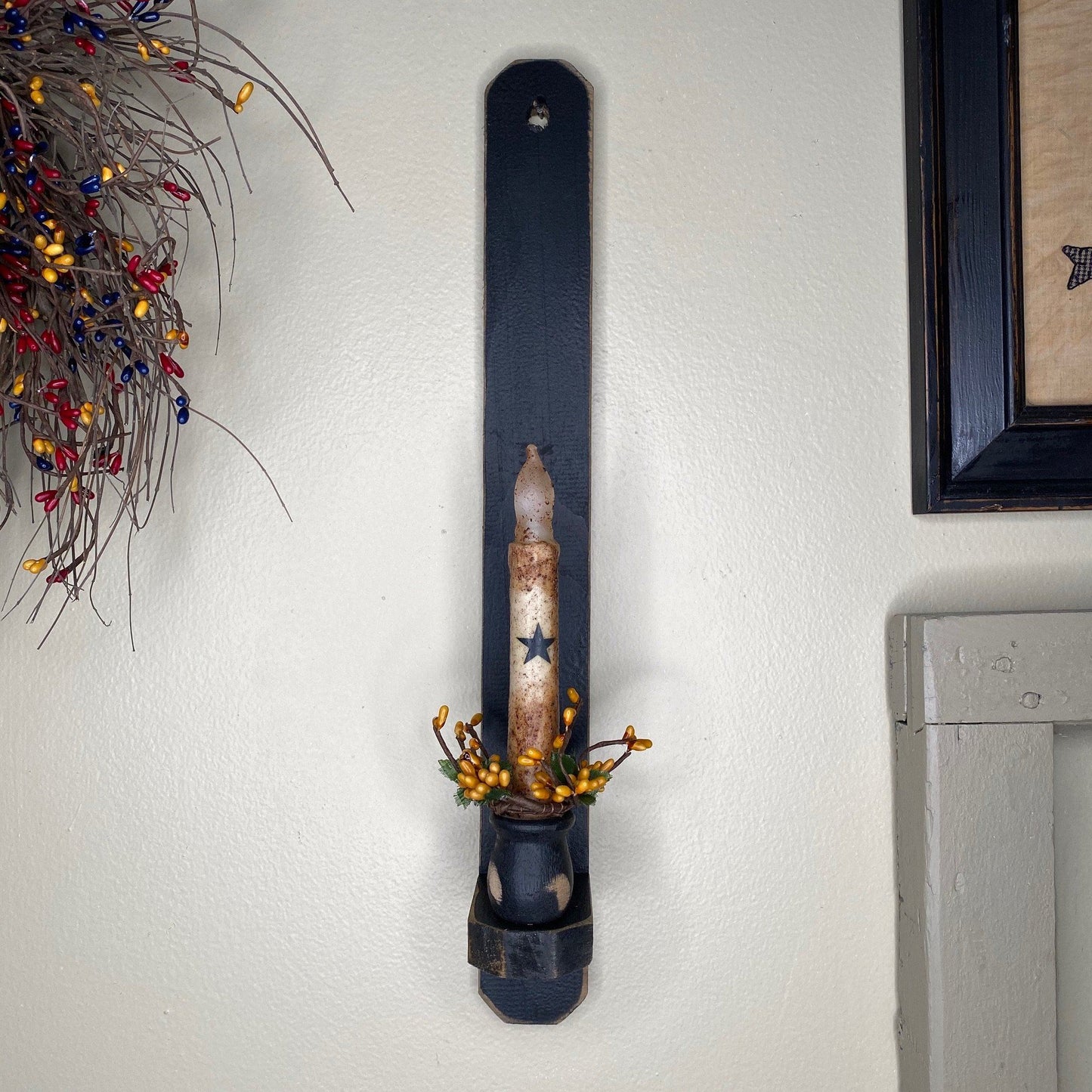 18" Black Wood Sconce - Grungy Ivory Timer Candle Ivory Star / Gold- Primitive Star Quilt Shop