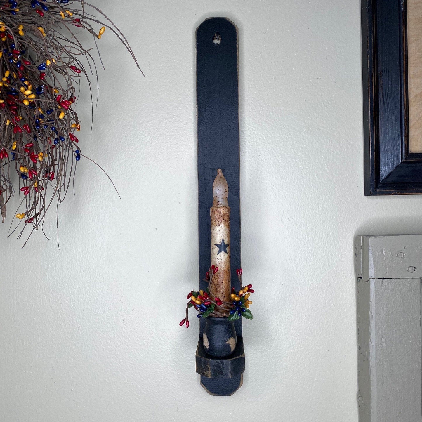 18" Black Wood Sconce - Grungy Ivory Timer Candle Ivory Star / Colonial- Primitive Star Quilt Shop