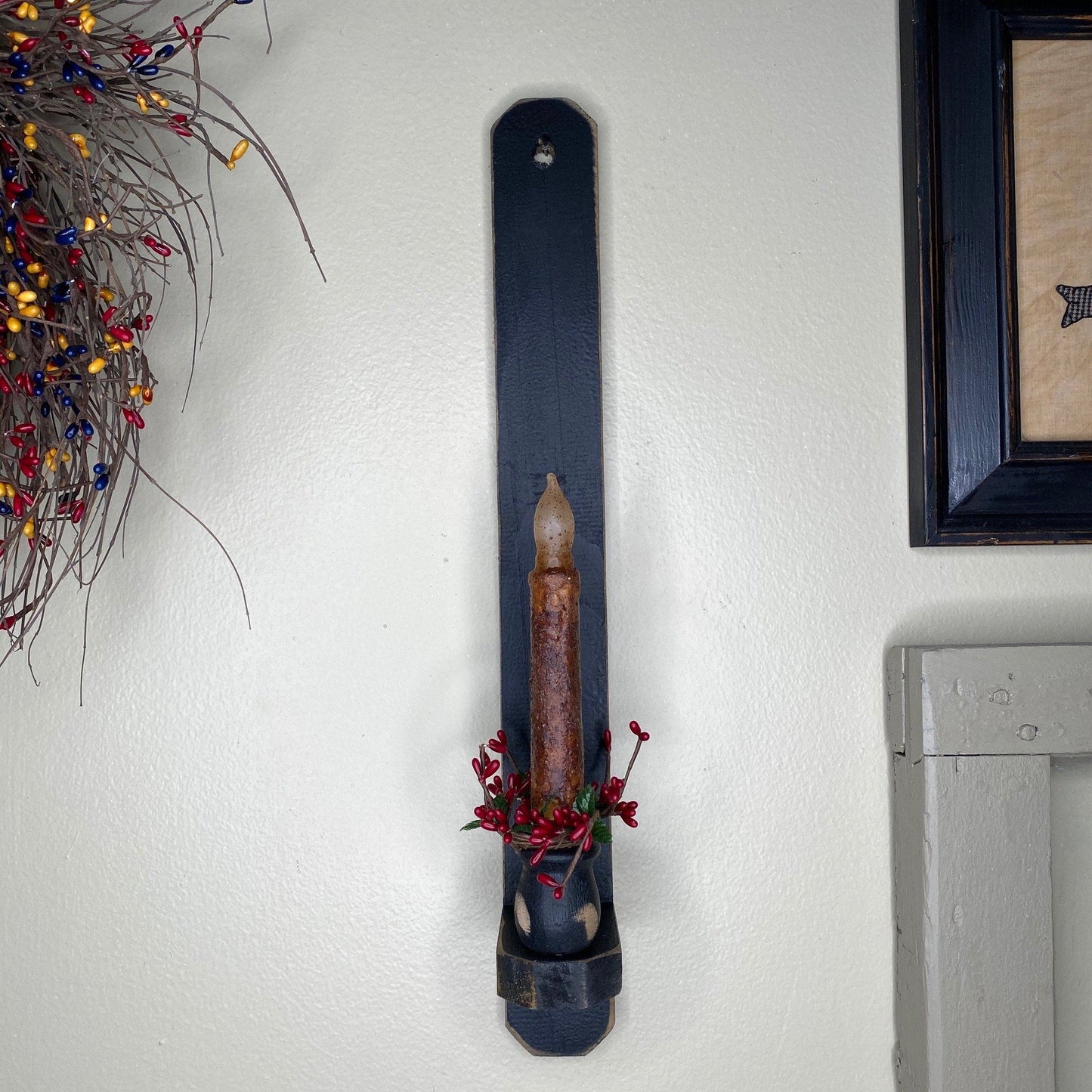 18" Black Wood Sconce -  Grungy Mustard Timer Candle Mustard / Burgundy- Primitive Star Quilt Shop