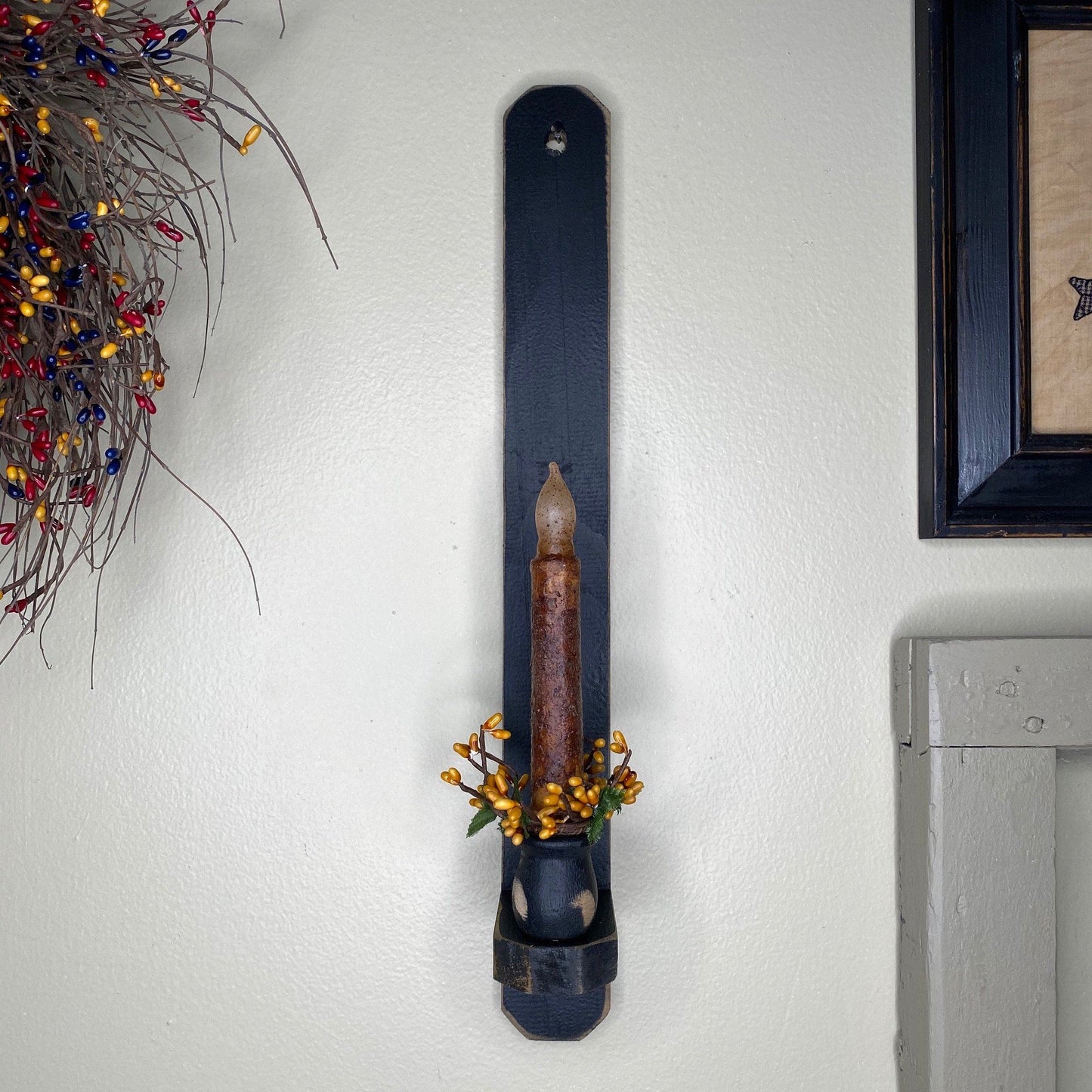 18" Black Wood Sconce -  Grungy Mustard Timer Candle Mustard / Gold- Primitive Star Quilt Shop