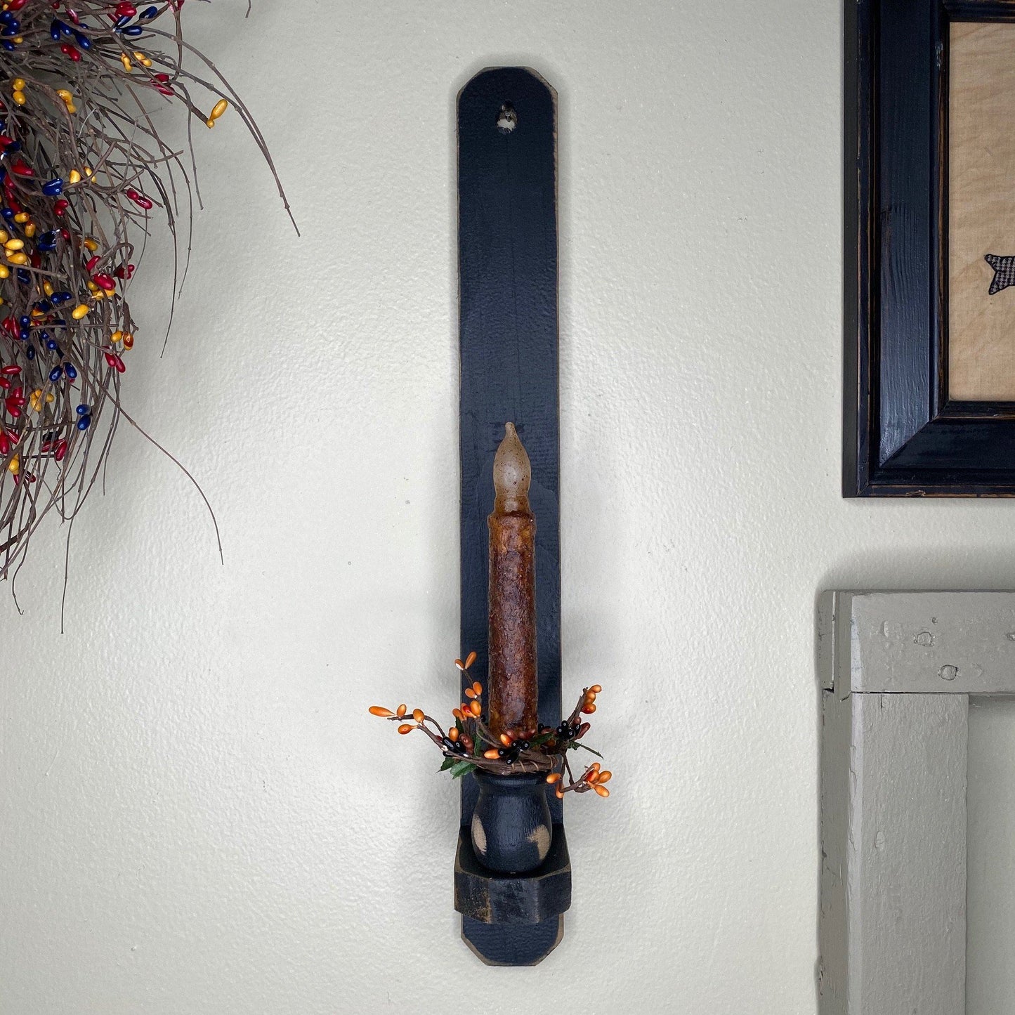 18" Black Wood Sconce -  Grungy Mustard Timer Candle Mustard / Primitive Mix- Primitive Star Quilt Shop