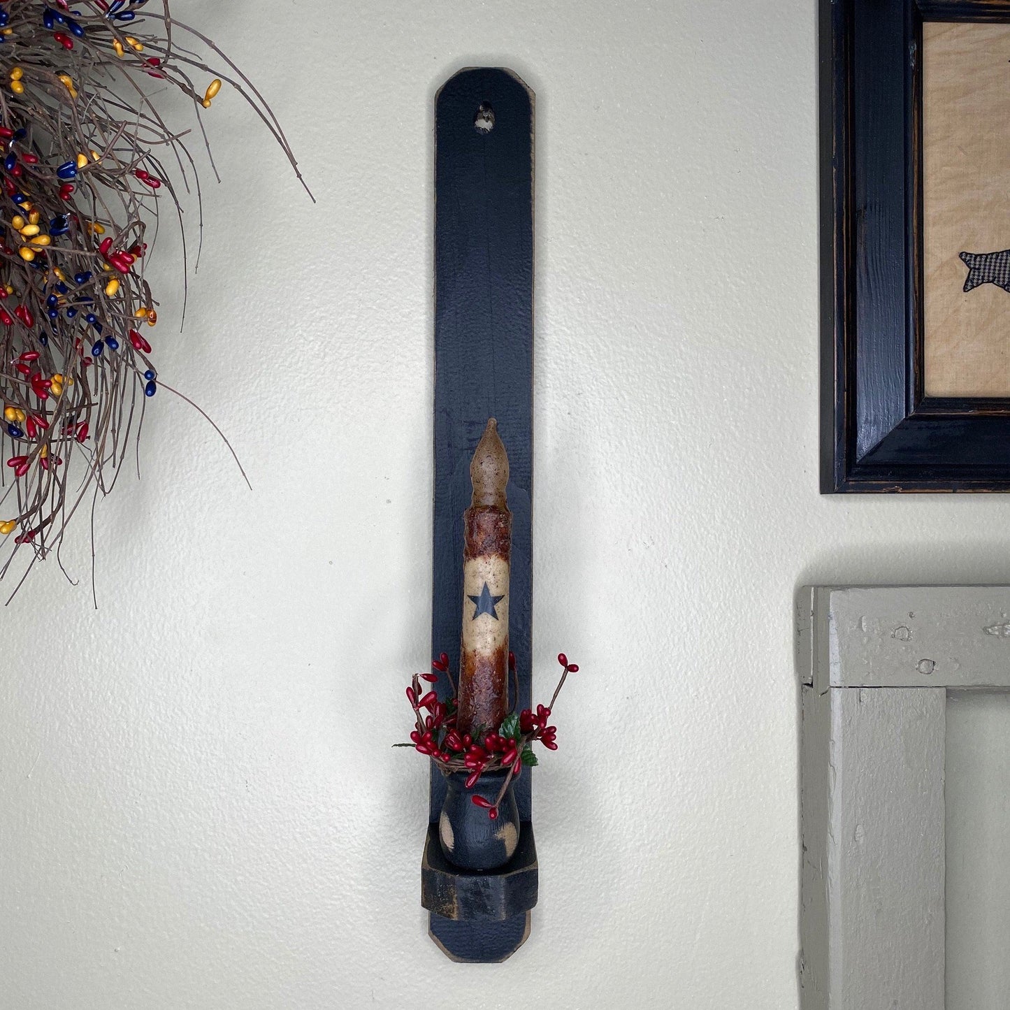 18" Black Wood Sconce -  Grungy Mustard Timer Candle Mustard Star / Burgundy- Primitive Star Quilt Shop