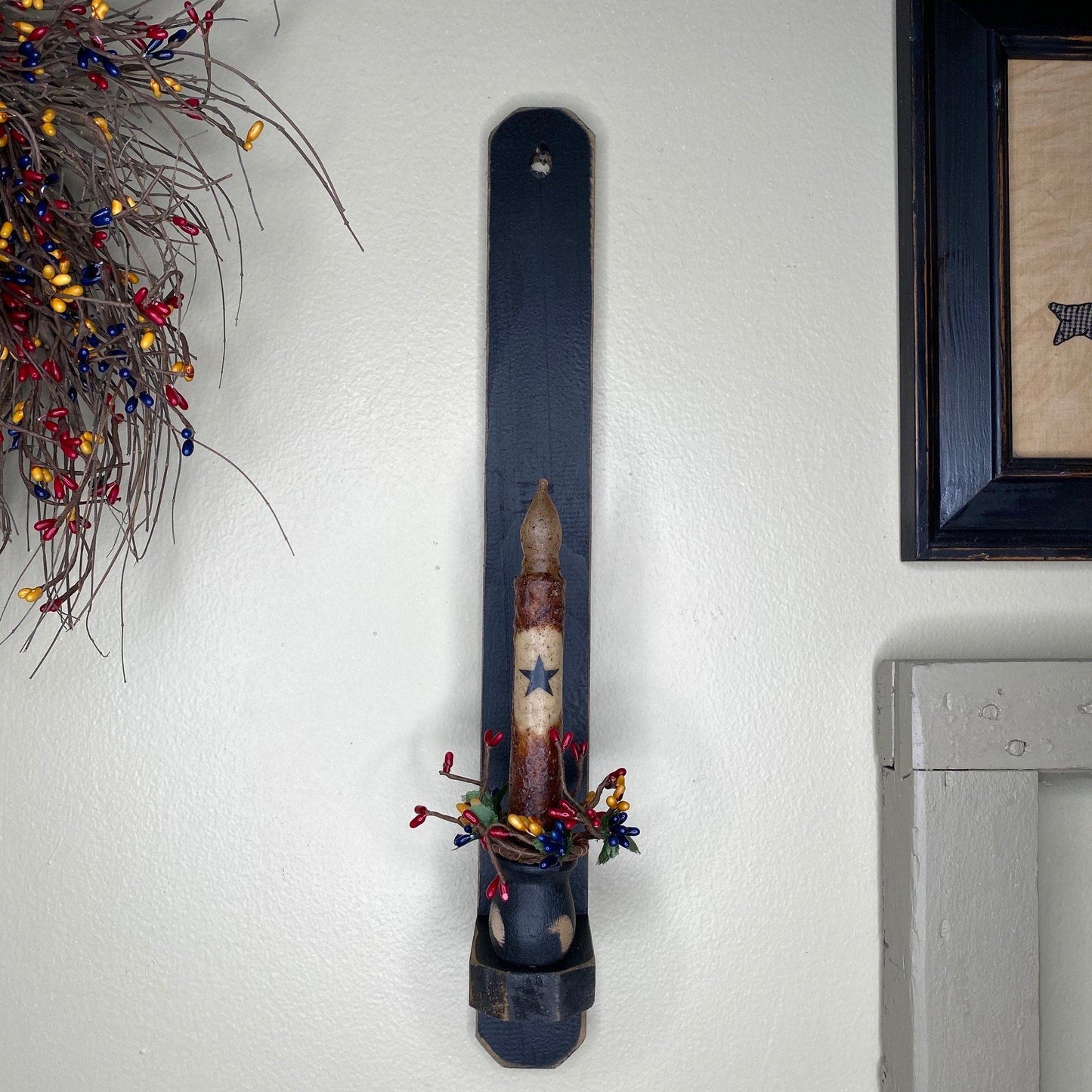 18" Black Wood Sconce -  Grungy Mustard Timer Candle Mustard Star / Colonial- Primitive Star Quilt Shop