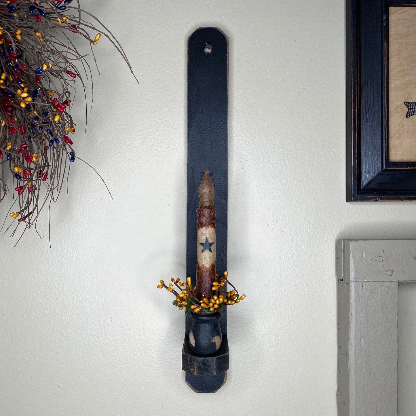 18" Black Wood Sconce -  Grungy Mustard Timer Candle Mustard Star / Gold- Primitive Star Quilt Shop