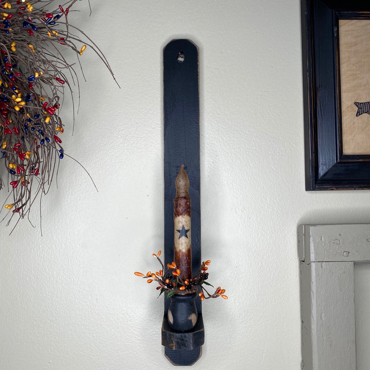 18" Black Wood Sconce -  Grungy Mustard Timer Candle Mustard Star / Primitive Mix- Primitive Star Quilt Shop