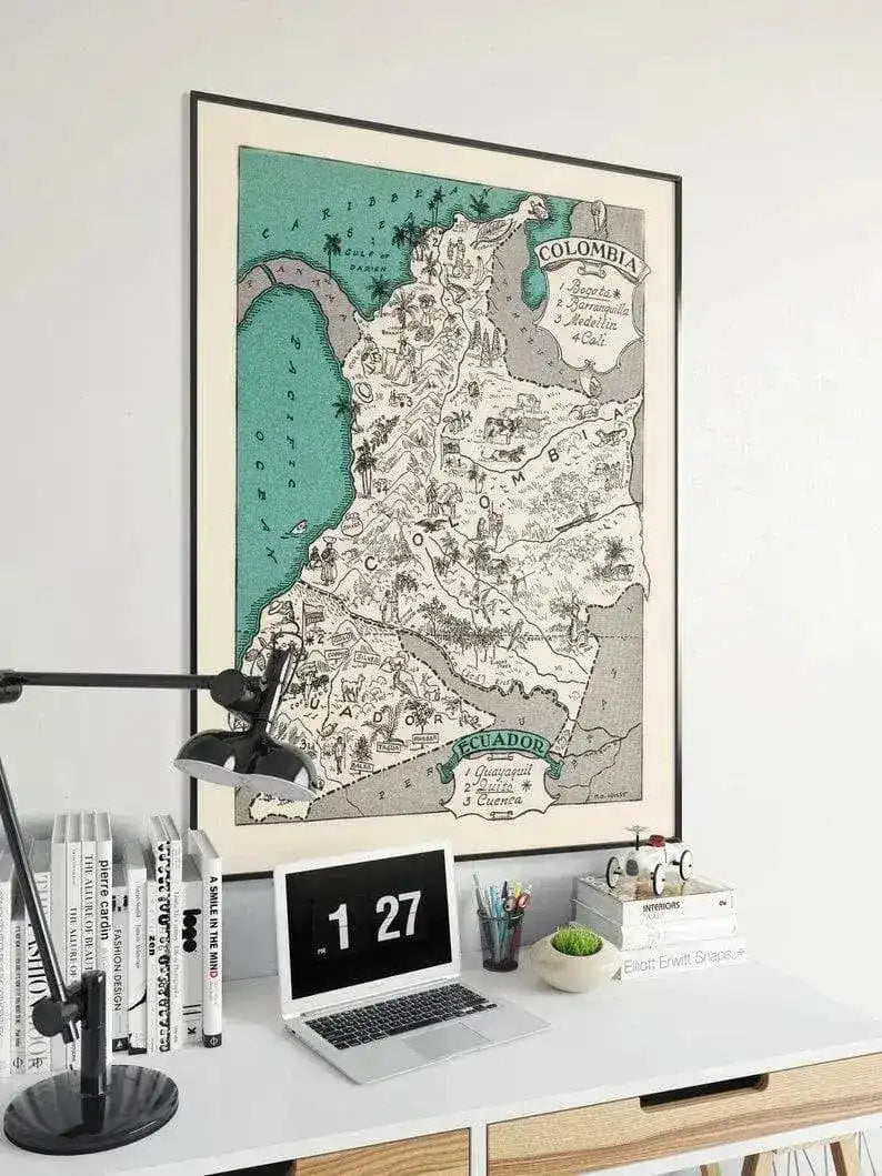 Decorative Map of Colombia and Ecuador| South America Map Print