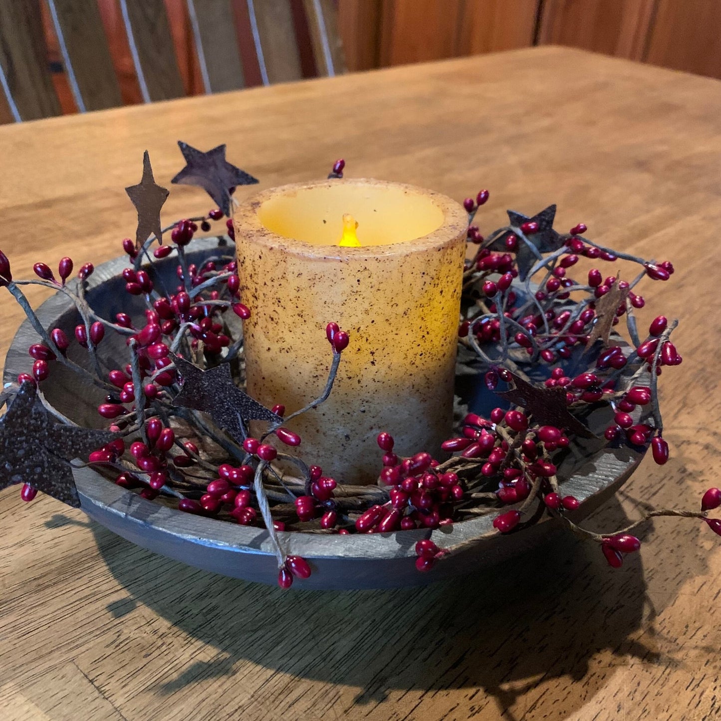 Round Treenware Bowl & Ivory Candle Centerpiece Burgundy Pips- Primitive Star Quilt Shop