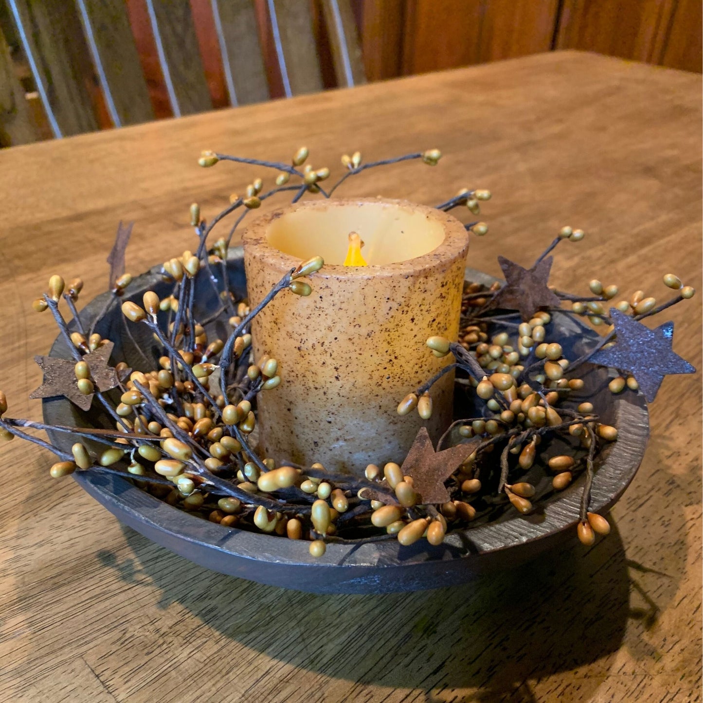 Round Treenware Bowl & Ivory Candle Centerpiece Gold Pips- Primitive Star Quilt Shop
