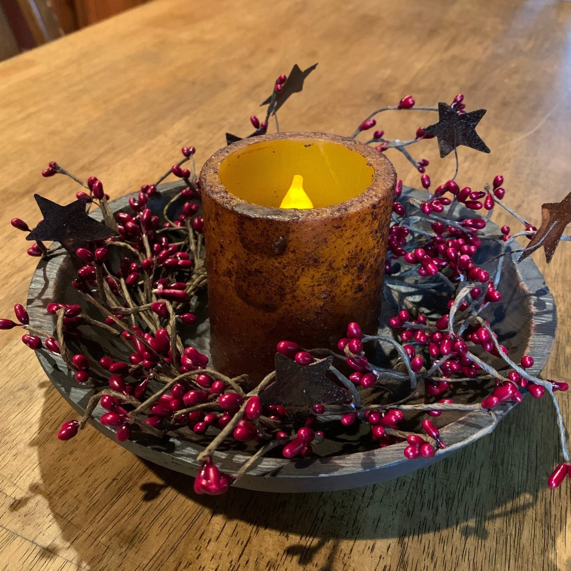 Round Treenware Bowl & Mustard Candle Centerpiece Burgundy Pips- Primitive Star Quilt Shop