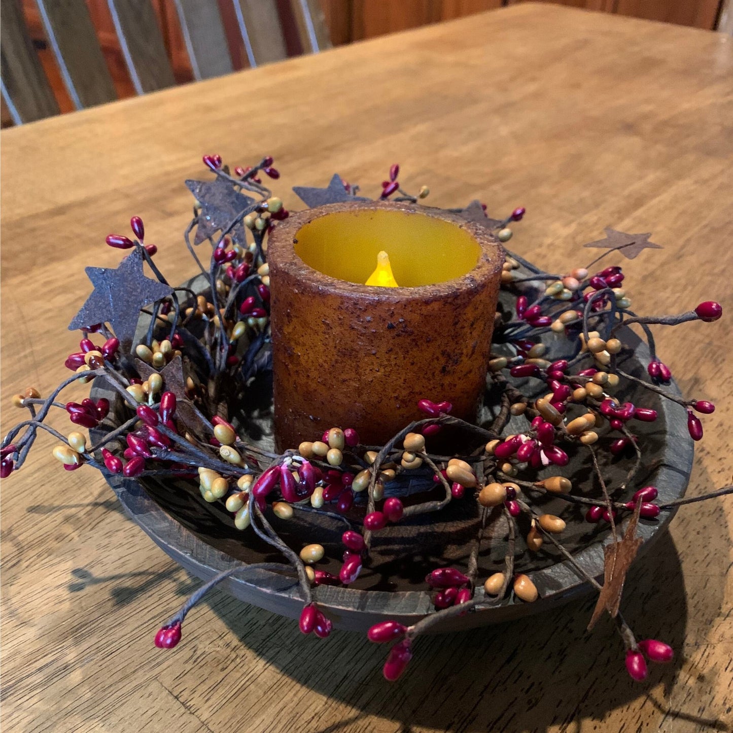 Round Treenware Bowl & Mustard Candle Centerpiece Gold & Burgundy Pips- Primitive Star Quilt Shop