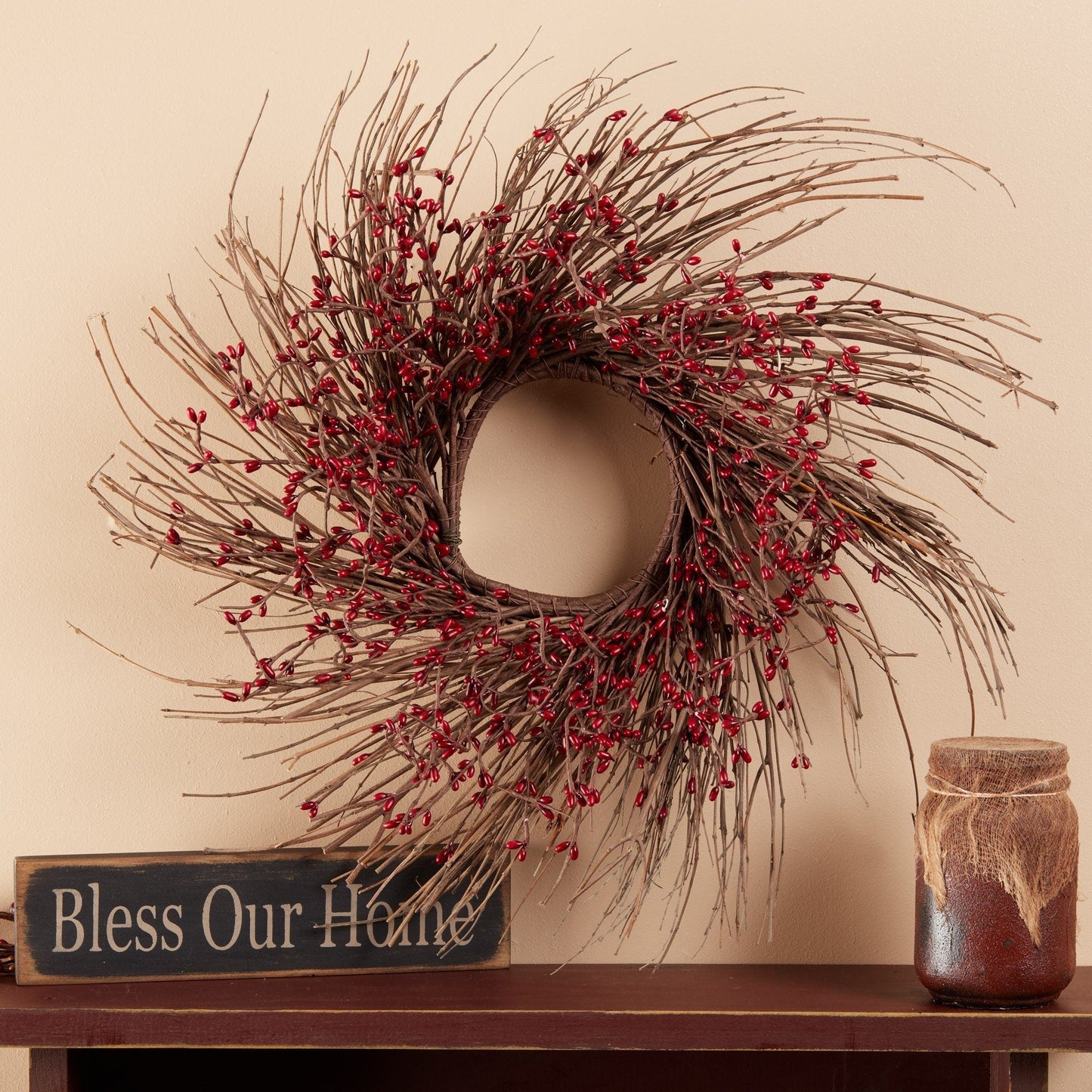 16" Twig Wreath with Burgundy Pip Berries