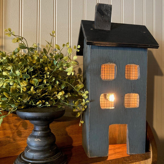 Wooden Saltbox Light Up House - Medium in Distressed Blue