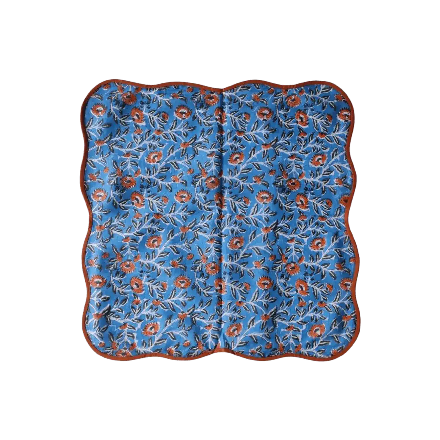 Blue and Orange Floral Block Printed Scalloped Cotton Napkins