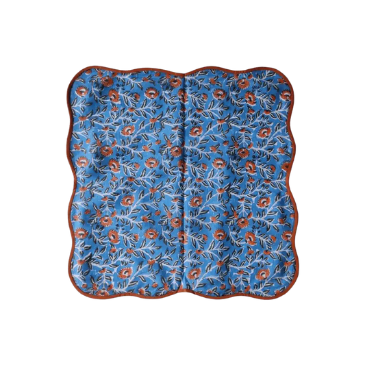 Blue and Orange Floral Block Printed Scalloped Cotton Napkins