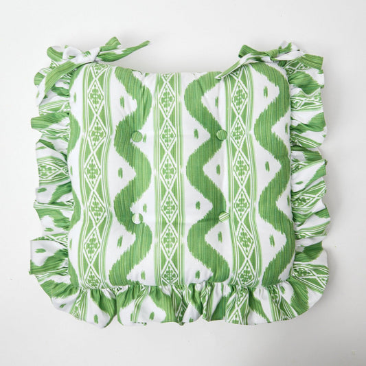 Frilled Green Ikat Seat Pad Cushion