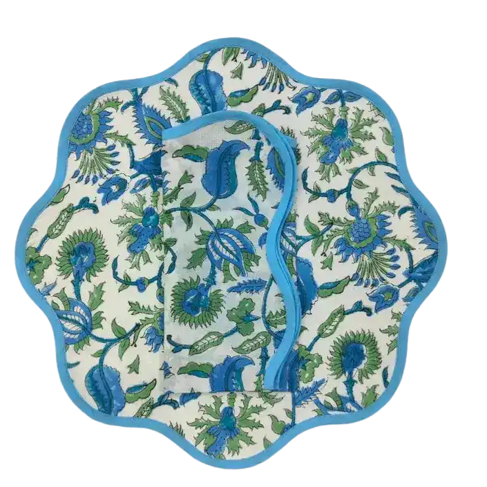 Hand Blocked Floral Motif Scalloped Cotton Placemats - MAIA HOMES