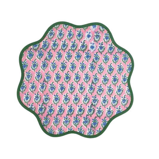 Hand Blocked Floral Scalloped Round Placemats - MAIA HOMES
