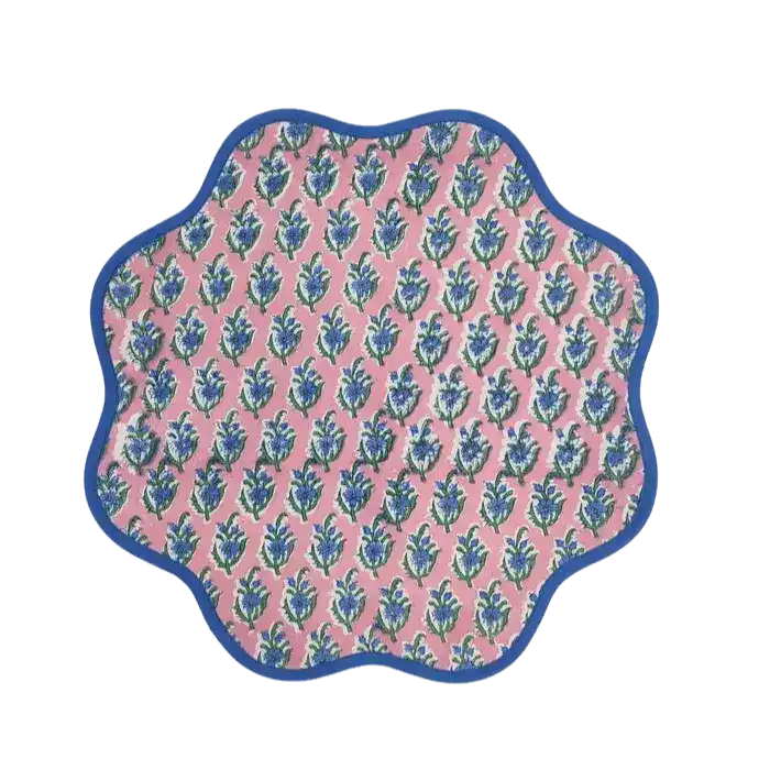 Hand Blocked Floral Scalloped Round Placemats - MAIA HOMES