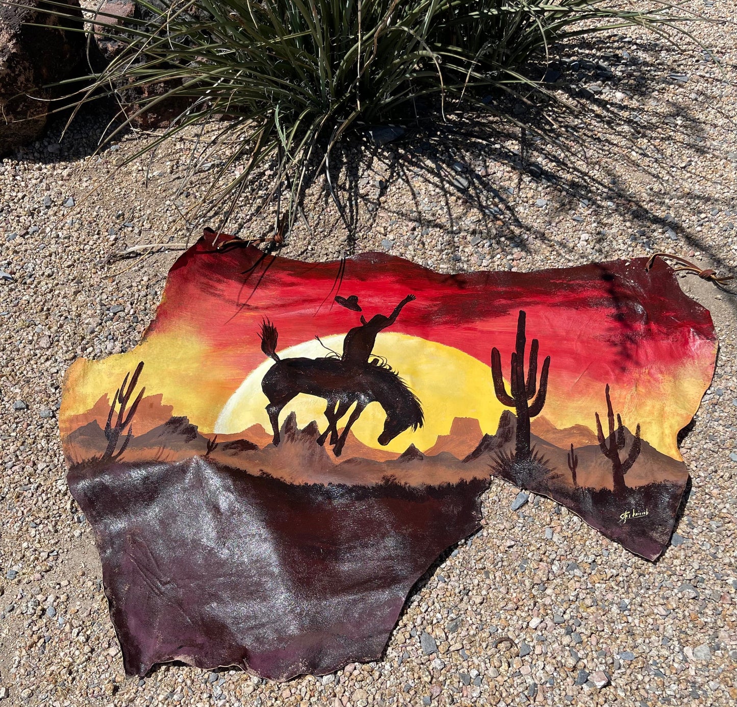 Hand painted apx 3.5’ Leather SOUTHWEST WALL DECOR