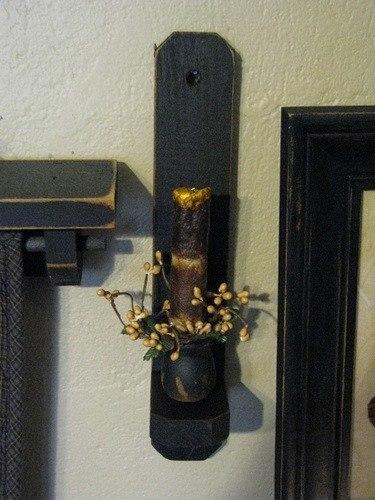 12" Black Wood Sconce - Grungy Drip Ivory Timer Candle Gold- Primitive Star Quilt Shop