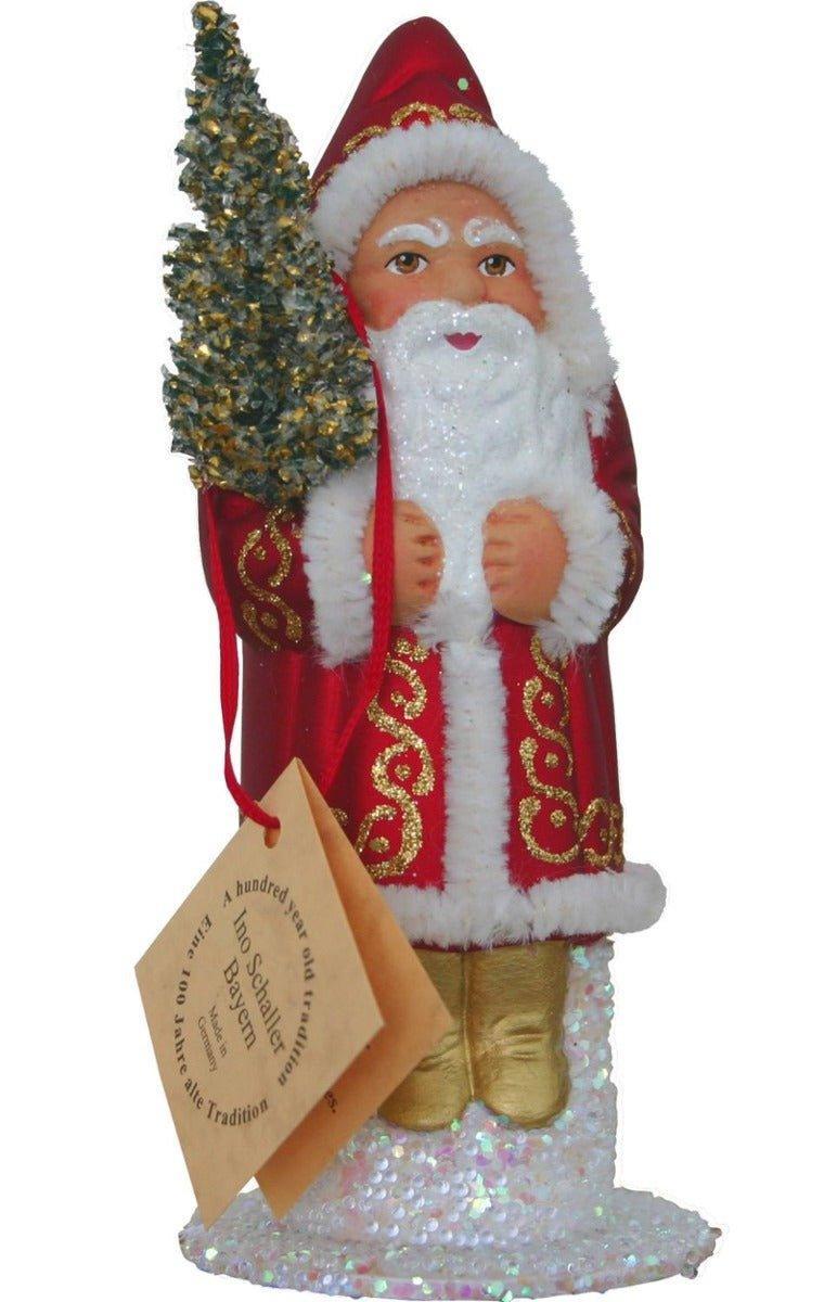 Ino Schaller Paper Mache Santa In Red & Gold Coat With Tree Candy Container Christmas Decoration