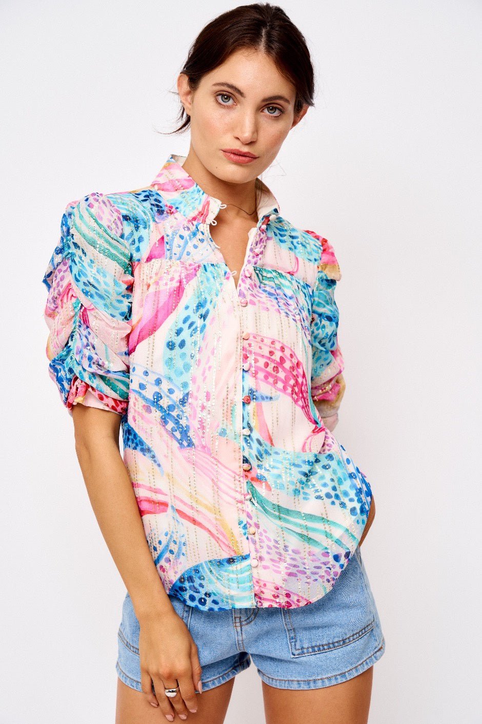 Maggie Floral Printed Ruched Sleeve Shirt